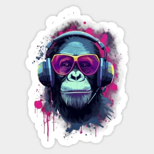 Retro Synthwave Chimpanzee Listening to Music Sticker